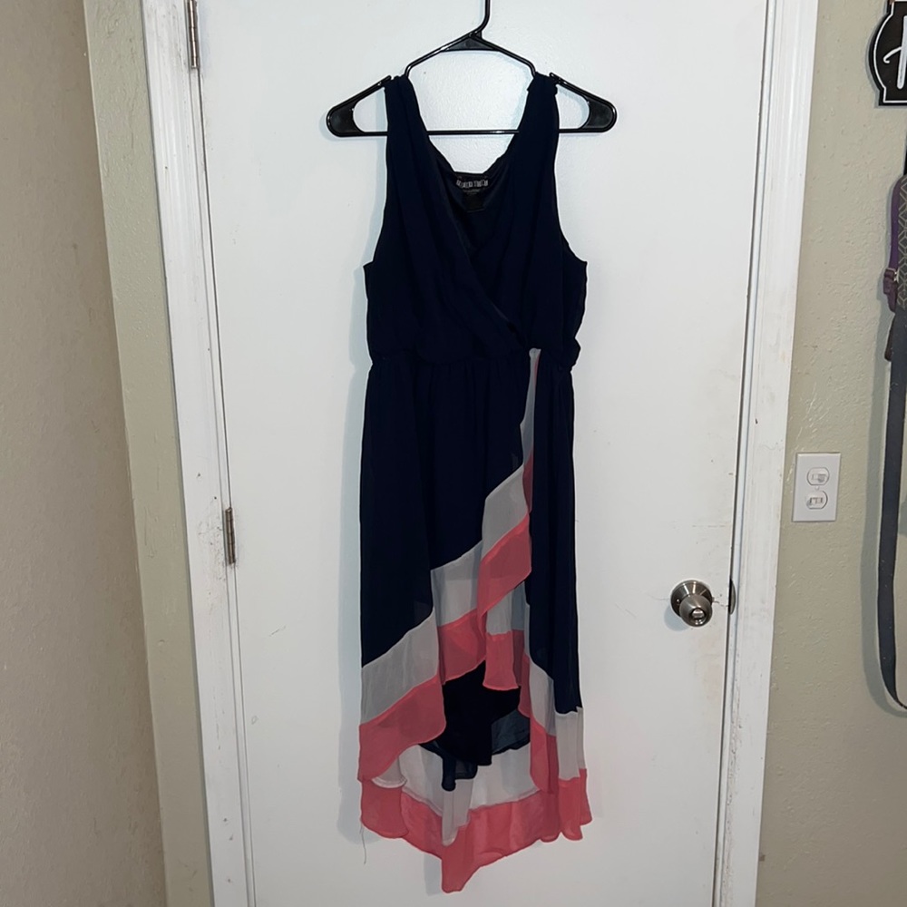 Navy blue Paper Doll dress with pink and white stripes